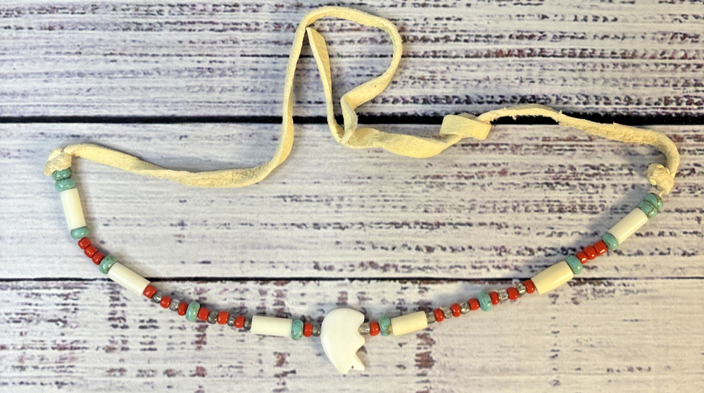 Vintage Native American Style Buffalo Bone Hairpipe Fetish Choker Necklace Tie